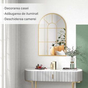 HOMCOM Oglindă de Perete Modernă în Formă de Arc cu Ramă și Cârlige, pentru Sufragerie și Hol, 91x60 cm, Auriu | Aosom Romania