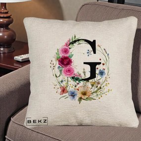 Cadou Personalizat - Perna Personalizata Monogram Litera G cu Flori Acuarela, 40x40 cm, Bej Canapea, Husa Detasabila, Perna Inclusa, BEKZ®