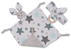 Set 3 piese din muselina Kidizi All Mint Stars, include paturica muselina, jucarie atasament si inel de dentitie din lemn