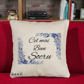 Cadou pentru Socru - Perna Personalizata Cel mai Bun Socru cu Flori Albastre Acuarela, 40x40 cm, Bej Canapea, Husa Detasabila, Perna Inclusa, BEKZ®