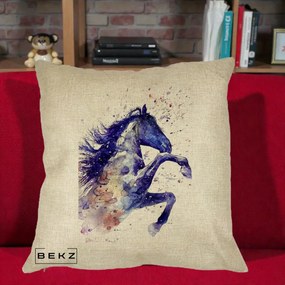 Perna Decorativa Cal Albastru Acuarela, 40x40 cm, Crem, Husa Detasabila, Perna Inclusa, BEKZ®