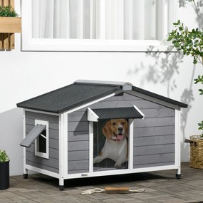 PawHut Cusca pentru Caini Talie Mica si Medie din Lemn de Brad, Design Inaltat cu Perdea de Protectie | Aosom Romania