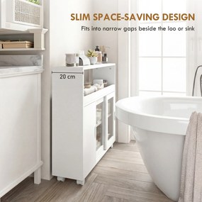 HOMCOM Dulap de Baie cu Roți, Raft Reglabil, Ușă Glisantă din Sticlă Călită, Alb | Aosom Romania