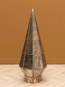 Brad decorativ din sticlă și metal, argintiu, formă conică, bază geometrică în trepte, finisaj patinat, 105 x 37 cm, „Grafik”