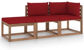 Set mobilier gradina paleti cu perne, 3 piese, lemn pin tratat Bordo, colt + mijloc + suport pentru picioare, 1