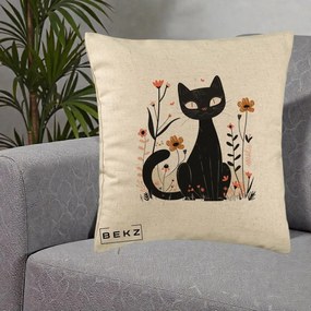 Perna Decorativa Pisica Neagra Flori Pastel Folk, 40x40 cm, Bej, Husa Detasabila, Perna Inclusa, BEKZ®