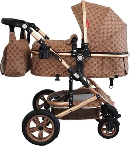 Carucior nou nascuti 3 in 1 Baby Care™ PRO 530 , Cu geanta bebe, Cadru Aluminiu Gold, Amortizoare, Roti din cauciuc plin AVE, Landou, Scoica auto,