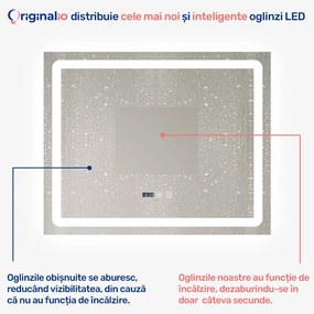 Oglindă LED Dreptunghiulară (80x65 cm), 3 Moduri Iluminare (Lumină Rece, Naturală, Caldă), Intensitate Reglabilă, Funcție Dezaburire, Ceas (Timer) și Termometru, Control Tactil (Touch)