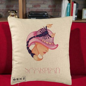 Perna Personalizata Zodiac Scorpion Cowgirl, 40x40 cm, Bej, Husa Detasabila, Perna Inclusa, BEKZ®