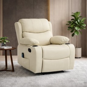 Fotoliu Masaj, Incalzire, rabatabil, sezut cu arcuri metalice, suport picioare extensibil, piele PU, Bej