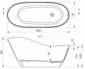 Cada baie freestanding ovala, compozit, 169 x 71 cm, Cast Marble Sorrento