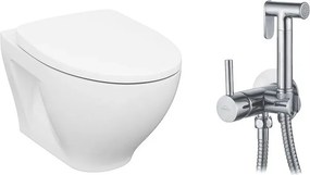 Pachet vas wc Cersanit Moduo, capac softclose si set dus igiena intima crom cu baterie incastrata Invena Bidetta crom