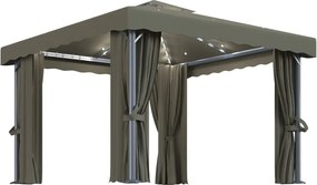 vidaXL Pavilion cu perdea & șir de lumini LED, gri taupe, 3x3 m