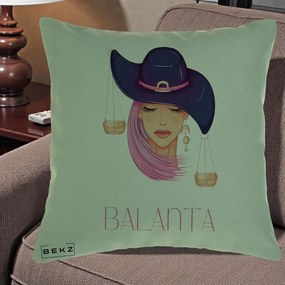 Perna Personalizata Zodiac Balanta Cowgirl, 40x40 cm, Verde, Husa Detasabila, Perna Inclusa, BEKZ®