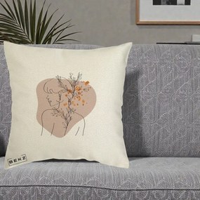 Perna Decorativa Femeie cu Flori Line Art Boho, 40x40 cm, Ecru, Husa Detasabila, Perna Inclusa, BEKZ®