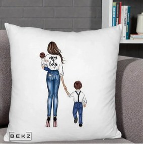 Cadou pentru Mama - Perna Personalizata Mom of Boys Mama cu Baietii, 40x40 cm, Alb Pufos, Husa Detasabila, Perna Inclusa, BEKZ®