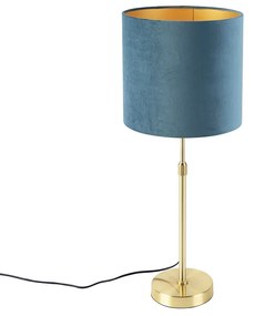 Lampă de masă aurie/alamă cu abajur din catifea albastră 25 cm - Parte