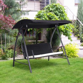 Outsunny Balansoar Hollywood 3 locuri din Polyrattan, balansoar de grădină cu copertină reglabilă, protecție solară, pernă de șezut, bancă suspendată, până la 360 kg, balansoar pentru grădină 198x124x179cm Negru | Aosom Romania