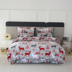 Set Lenjerie cocolino MERRY CHRISTMAS DEER gri + Cearsaf Cocolino microplus cu elastic SOFT 180x200 cm alb, pat dublu