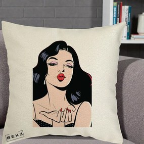 Perna Decorativa Femeie Pop-Art Kiss, 40x40 cm, Ecru, Husa Detasabila, Perna Inclusa, BEKZ®