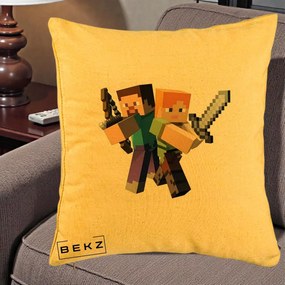 Perna Personalizata Minecraft Steve si Alex, 40x40 cm, Galben, Husa Detasabila, Perna Inclusa, BEKZ®