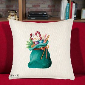 Perna Decorativa Saculet Cadouri Mos Craciun Acuarela Verde, 40x40 cm, Crem Reliefat, Husa Detasabila, Perna Inclusa, BEKZ®