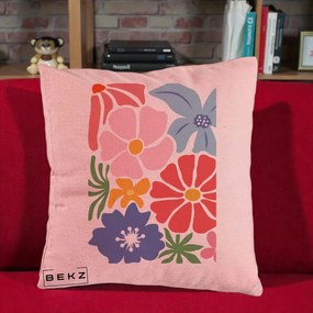 Perna Decorativa Flori Grafice Roz-Rosu-Albastru, 40x40 cm, Roz, Husa Detasabila, Perna Inclusa, BEKZ®