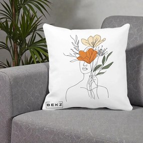 Perna Decorativa Portret Feminin Coroana Florala, 40x40 cm, Alba Mata, Husa Detasabila, Perna Inclusa, BEKZ®