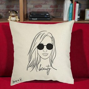 Perna Decorativa Beauty Girl Line Art, 40x40 cm, Ecru, Husa Detasabila, Perna Inclusa, BEKZ®