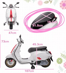 AIYAPLAY Motocicletă electrică pentru copii Vespa 6V dim. 107L x 47l x 73H cm Muzică MP3 Port USB Far 2 roți de antrenare - Alb | Aosom Romania