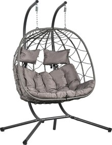 Fotoliu leagan dublu suspendat în formă de ou, balansoar cu perne detasabile, pentru interior, gazon, grădină, Gri