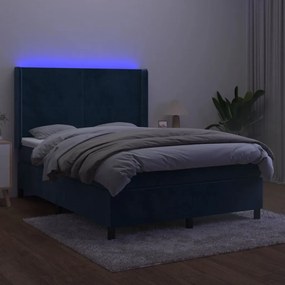 Pat cu arcuri, saltea si LED, bleumarin, 140x190 cm, catifea Albastru inchis, 140 x 190 cm, Design simplu