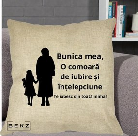 Cadou pentru Bunica - Perna Personalizata Bunica Mea Comoara Iubire Intelepciune Silueta, 40x40 cm, Crem, Husa Detasabila, Perna Inclusa, BEKZ®