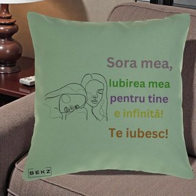 Cadou pentru Sora - Perna Personalizata Sora Mea Te Iubesc Line Art Fete Colorate Brate Ridicate, 40x40 cm, Verde, Husa Detasabila, Perna Inclusa, BEKZ®