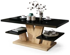 Mazzoni VIVA Negru Luciu/Stejar Craft Auriu - MĂSUȚĂ DE CAFEA MODERNĂ CU RAFTURI