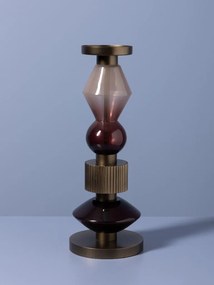 Sfeșnic din sticlă și metal, vișiniu-auriu antichizat, structură sculpturală etajată, finisaj patinat, 37×14 cm, „Astrolab"