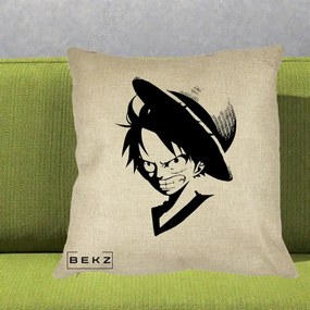 Perna Personalizata One Piece Luffy Silueta Alb-Negru, 40x40 cm, Crem, Husa Detasabila, Perna Inclusa, BEKZ®