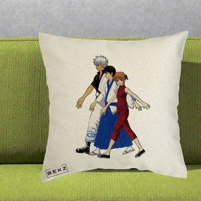 Perna Personalizata Gintama Trio Gintoki Shinpachi Kagura, 40x40 cm, Ecru, Husa Detasabila, Perna Inclusa, BEKZ®
