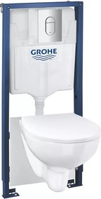 Set vas WC suspendat Grohe Solido 5 in 1 rezervor incastrat cu clapeta crom Arena si capac Bau Ceramic