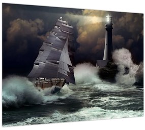 Tablou pe sticlă - Vapor în furtună (70x50 cm)