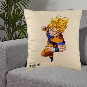 Perna Personalizata Dragon Ball Goku Super Saiyan 2 Lupta, 40x40 cm, Bej, Husa Detasabila, Perna Inclusa, BEKZ®