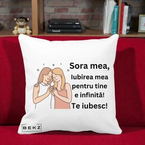 Cadou pentru Sora - Perna Personalizata Sora Mea Te Iubesc Imbratisare cu Sclipiri, 40x40 cm, Alba Mata, Husa Detasabila, Perna Inclusa, BEKZ®