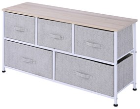 HOMCOM Comodă mobilier de depozitare 100 x 30 x 54 cm 5 sertare netesut gri structură oțel alb lemn deschis | Aosom Romania
