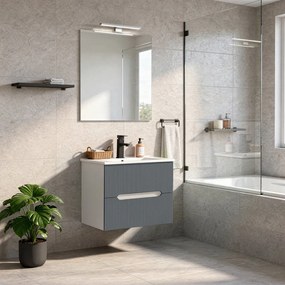 Trent mobilier de baie 60 cm lavoar ceramic (2 sertare) cu oglindă 60x80 cm alb-antracit gri