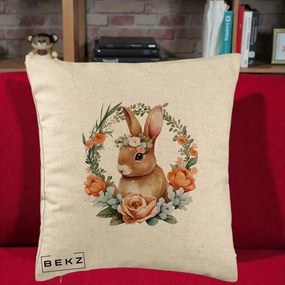 Perna Decorativa Iepuras Floral Coronita Acuarela, 40x40 cm, Bej, Husa Detasabila, Perna Inclusa, BEKZ®