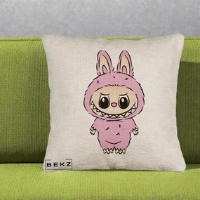 Perna Personalizata Labubu Mov Pastel, 40x40 cm, Bej Canapea, Husa Detasabila, Perna Inclusa, BEKZ®
