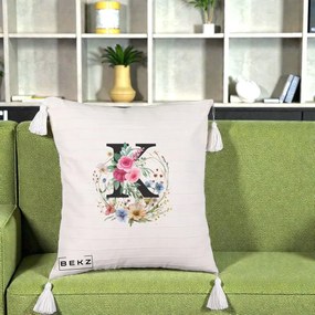 Cadou Personalizat - Perna Personalizata Monogram Litera K cu Flori Acuarela, 40x40 cm, Bej cu Franjuri, Husa Detasabila, Perna Inclusa, BEKZ®