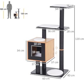 PawHut Pom de pisici design contemporan zgarieturi pe scara din sisal natural cu activitati in centru, platforme pentru joaca, bile suspendate 71,5L x 49,5l x 120H cm MDF negru stejar | Aosom Romania