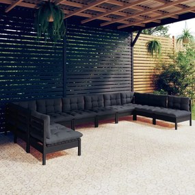 3097191 vidaXL Set mobilier de grădină cu perne 10 piese negru lemn masiv pin