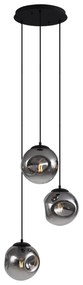 Lampă suspendată Art Deco neagră cu sticlă fumurie cu 3 lumini - Douglass